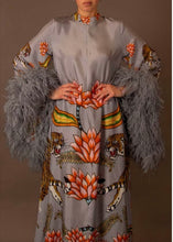 Load image into Gallery viewer, Silk Dress Grey with large Ostrich Boa Feathers