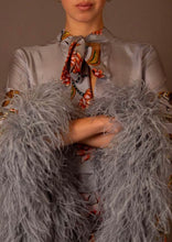 Load image into Gallery viewer, Silk Dress Grey with large Ostrich Boa Feathers
